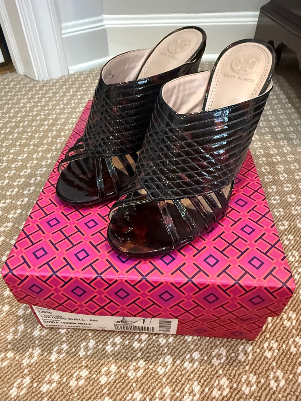 Tory Burch Black Patent Quilted Strappy Open-Toe Mules